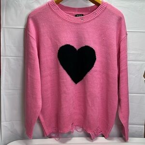 Pink Crewneck Sweater with Black Heart